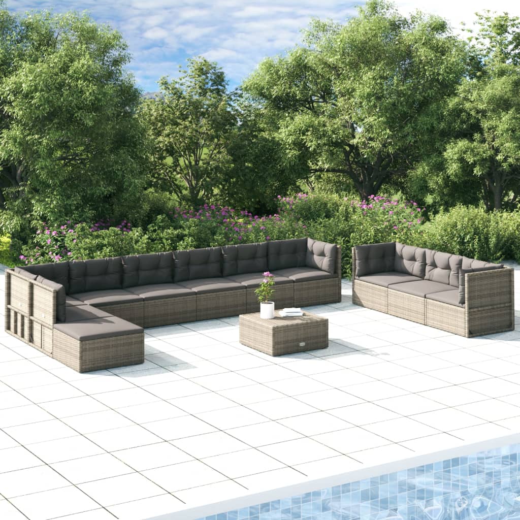 -Delige Loungeset Met Kussens Poly Rattan Grijs 4x hoek + 6x midden + voetensteun