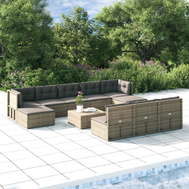 0-Delige Loungeset Met Kussens Poly Rattan Grijs 2x hoek + 6x midden + 2x voetensteun