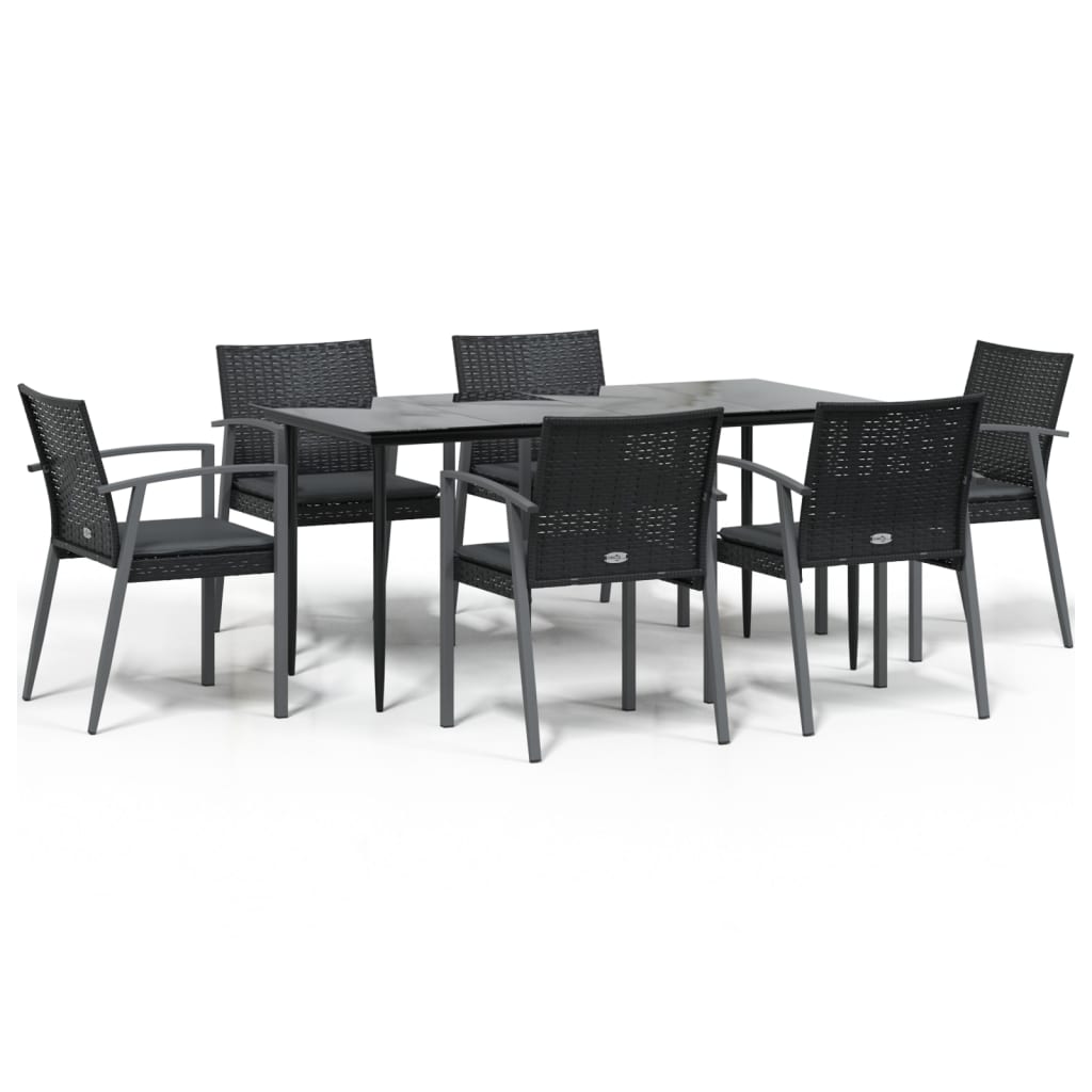 7-Delige Tuinset Met Kussens Poly Rattan En Staal 6 160 cm tafellengte Zwart