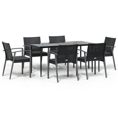 7-Delige Tuinset Met Kussens Poly Rattan En Staal 6 160 cm tafellengte Zwart