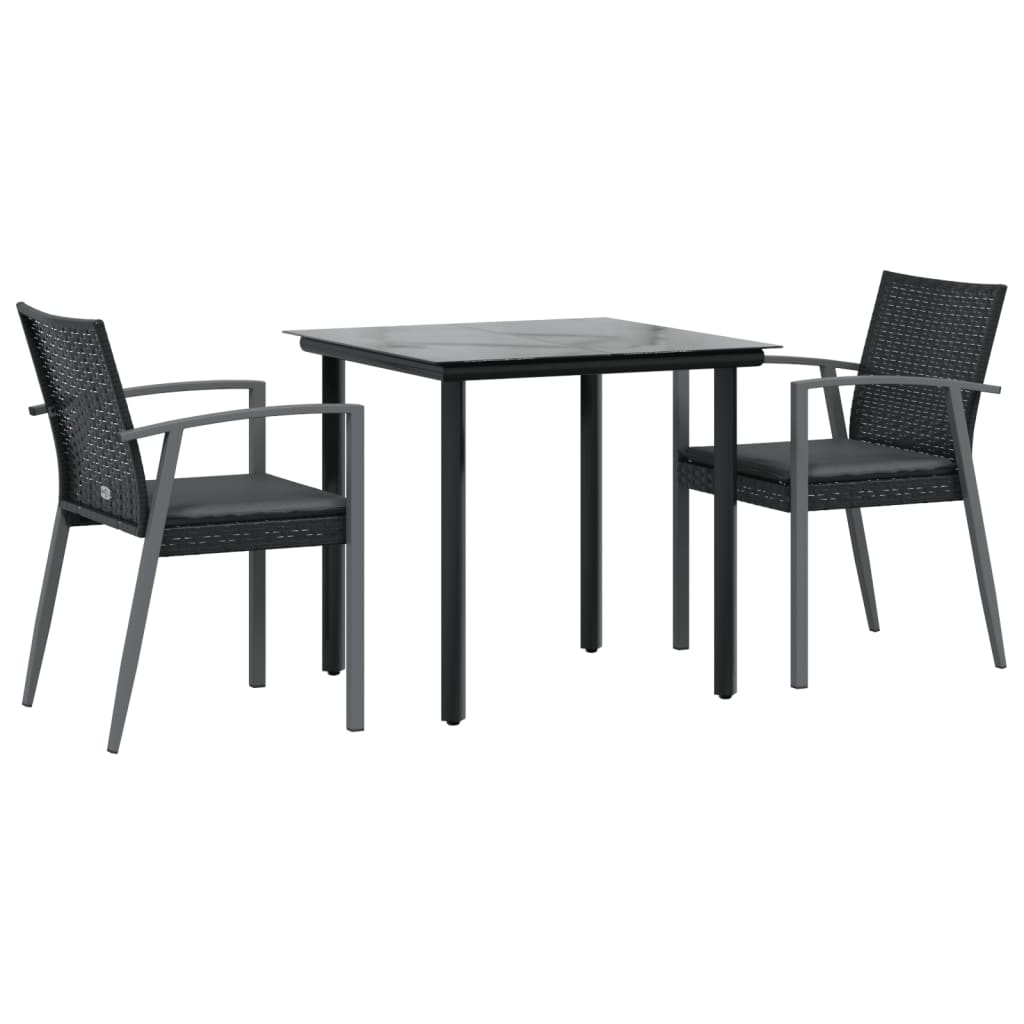 3-Delige Tuinset Met Kussens Poly Rattan En Staal 2 80 cm tafellengte Zwart