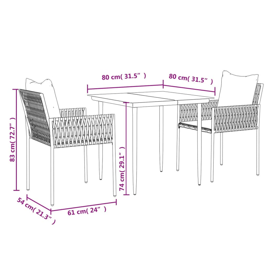 -Delige Tuinset Met Kussens Poly Rattan En Staal 3 80 cm tafellengte Bruin