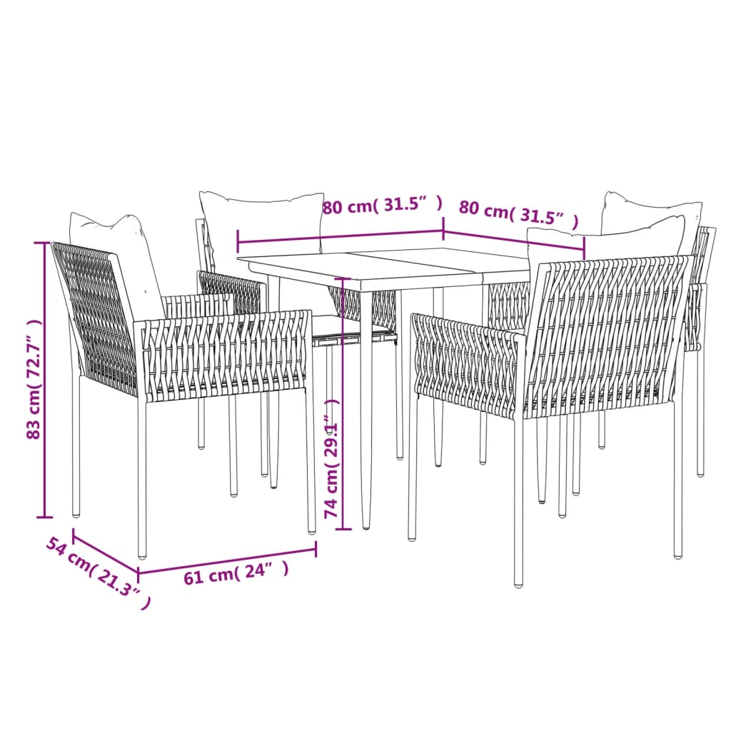 -Delige Tuinset Met Kussens Poly Rattan En Staal 5 80 cm tafellengte Bruin