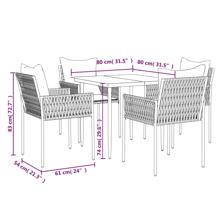 -Delige Tuinset Met Kussens Poly Rattan En Staal 5 80 cm tafellengte Bruin