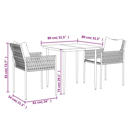 -Delige Tuinset Met Kussens Poly Rattan En Staal 3 80 cm tafellengte Zwart