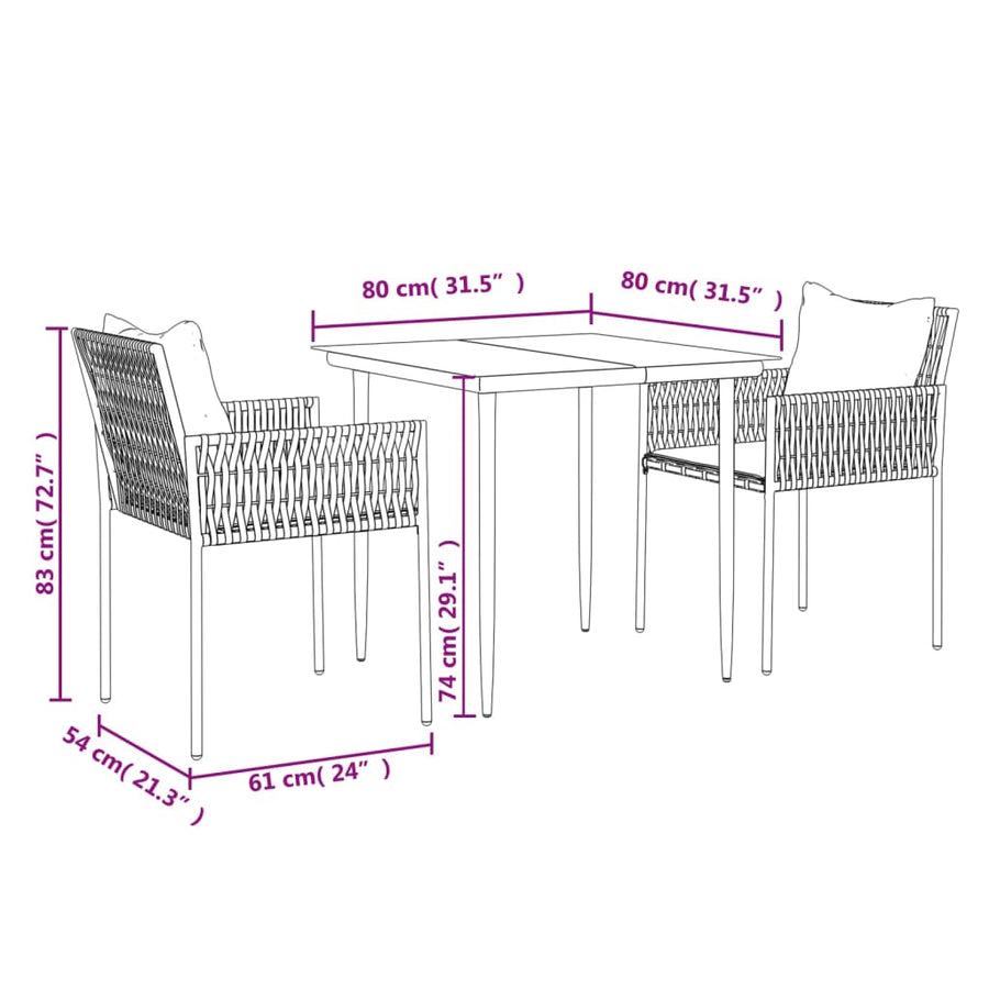 -Delige Tuinset Met Kussens Poly Rattan En Staal 3 80 cm tafellengte Zwart