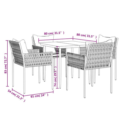 -Delige Tuinset Met Kussens Poly Rattan En Staal 5 80 cm tafellengte Zwart