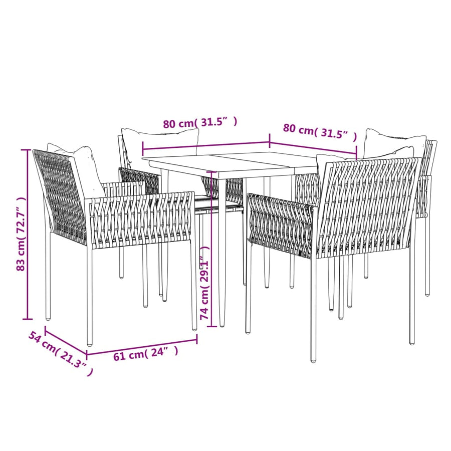 -Delige Tuinset Met Kussens Poly Rattan En Staal 5 80 cm tafellengte Zwart