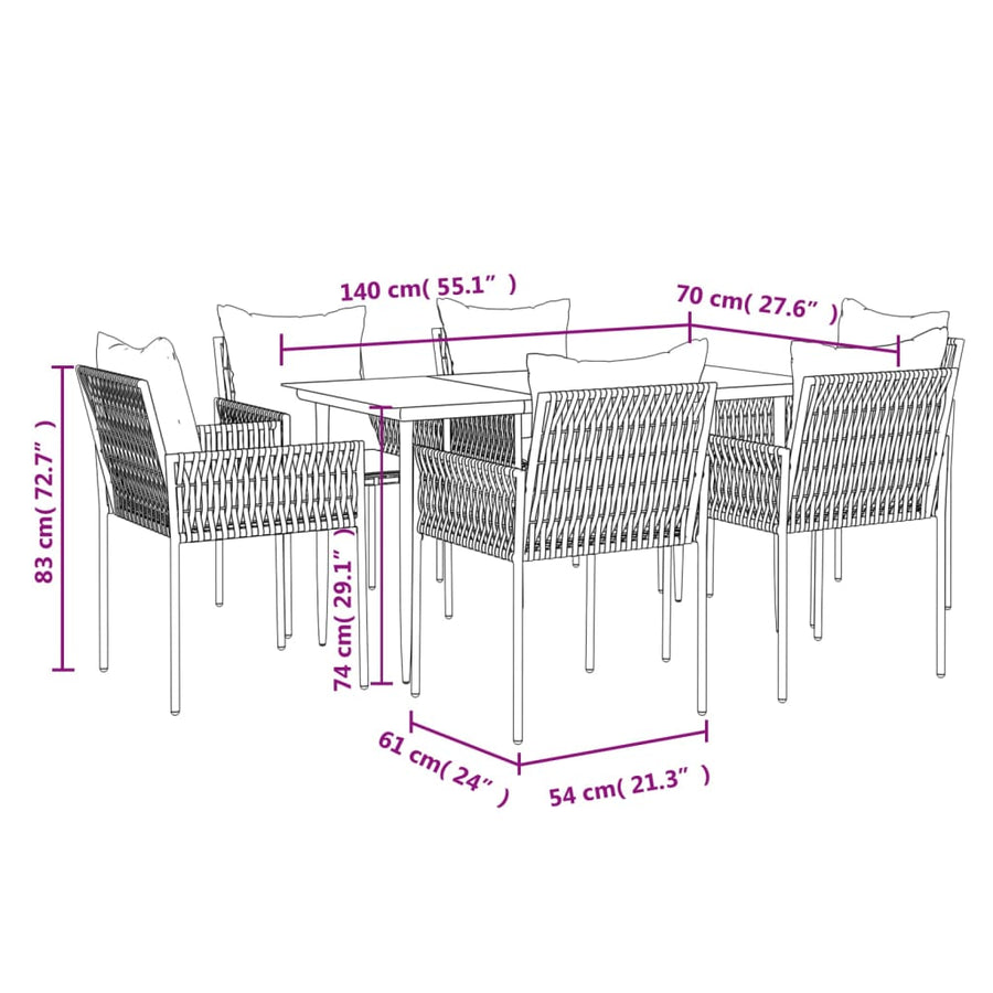 -Delige Tuinset Met Kussens Poly Rattan En Staal 7 140 cm tafellengte Bruin