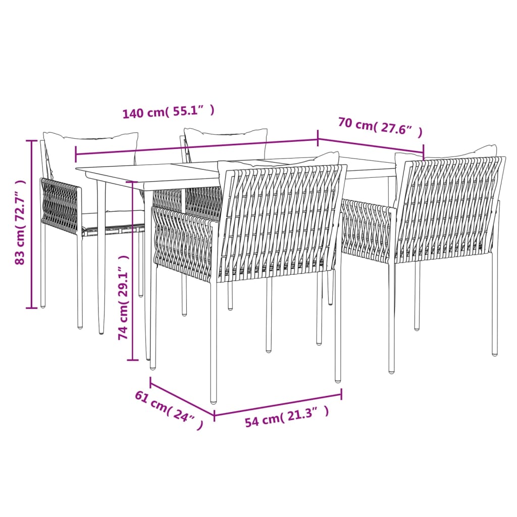 -Delige Tuinset Met Kussens Poly Rattan En Staal 5 140 cm tafellengte Zwart