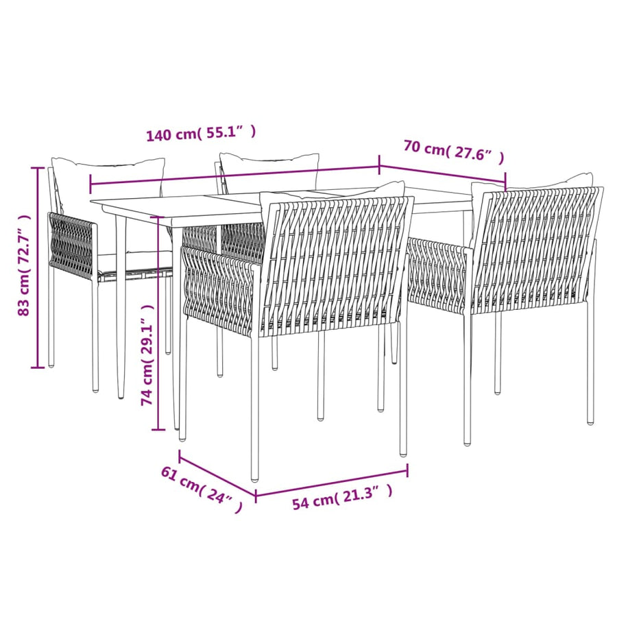 -Delige Tuinset Met Kussens Poly Rattan En Staal 5 140 cm tafellengte Zwart