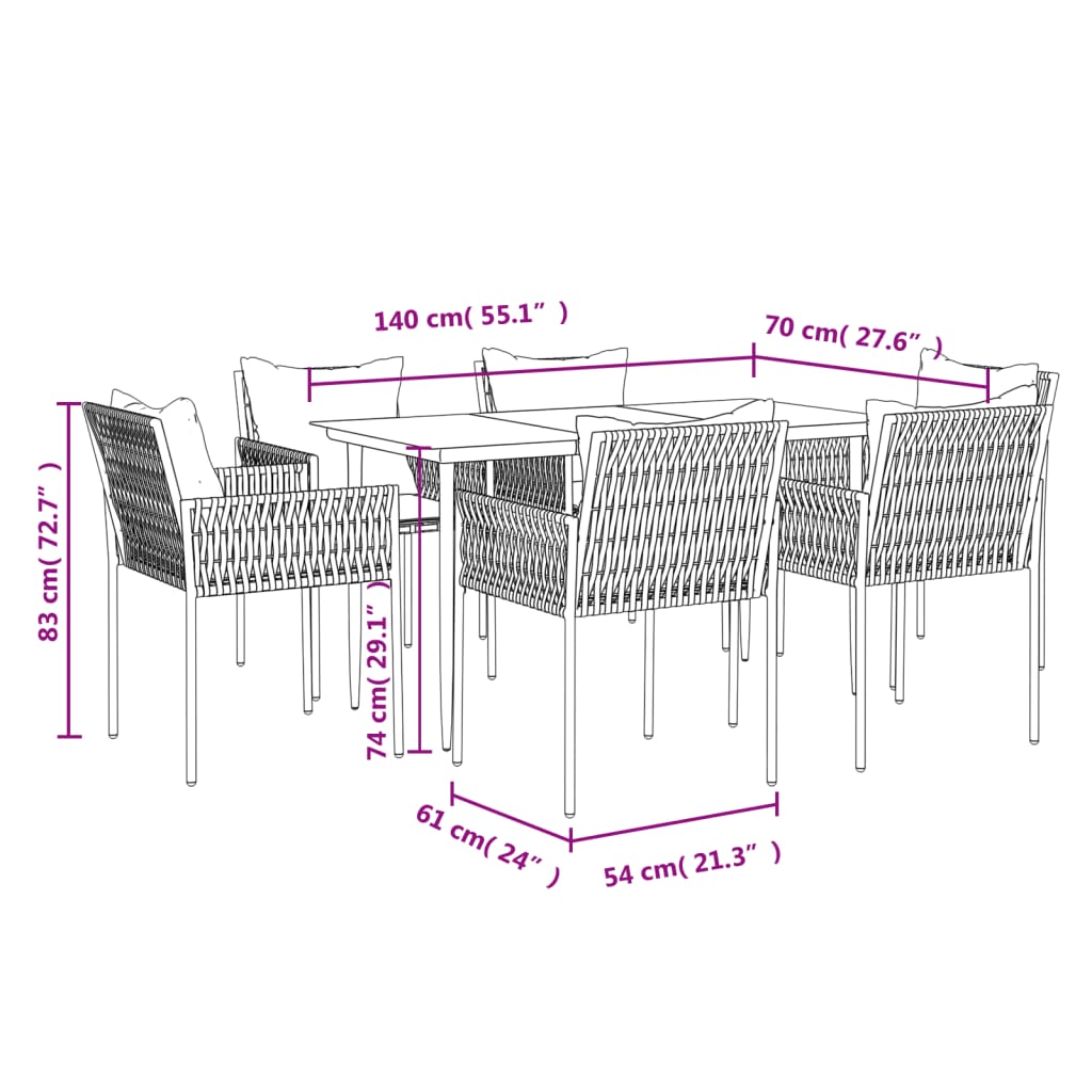 -Delige Tuinset Met Kussens Poly Rattan En Staal 7 140 cm tafellengte Zwart
