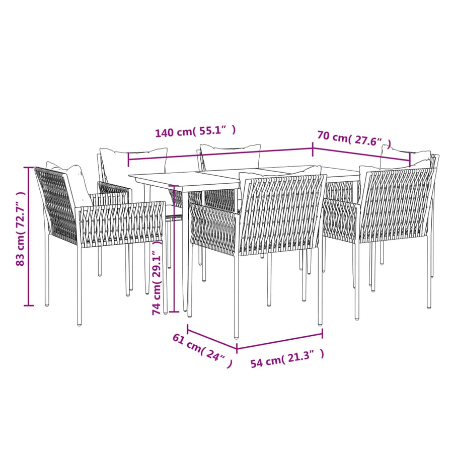 -Delige Tuinset Met Kussens Poly Rattan En Staal 7 140 cm tafellengte Zwart