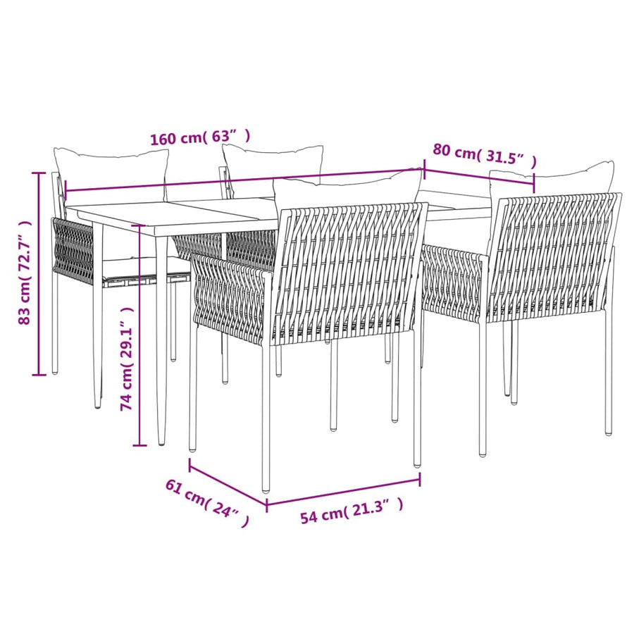 -Delige Tuinset Met Kussens Poly Rattan En Staal 5 160 cm tafellengte Bruin