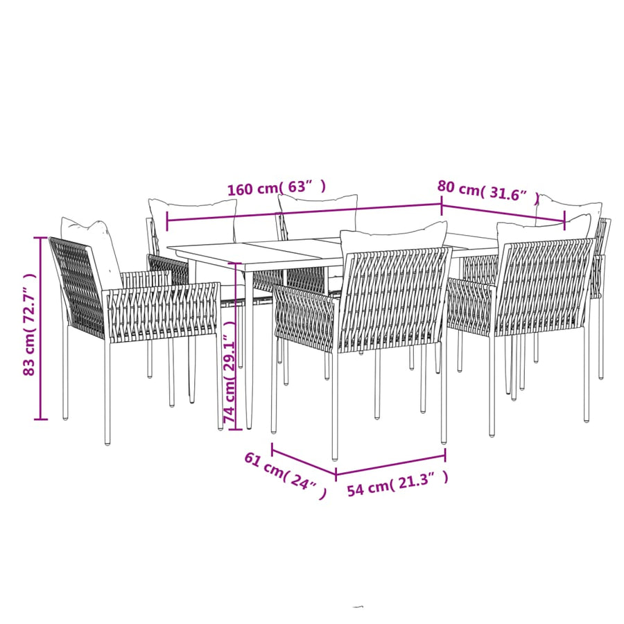 -Delige Tuinset Met Kussens Poly Rattan En Staal 7 160 cm tafellengte Bruin