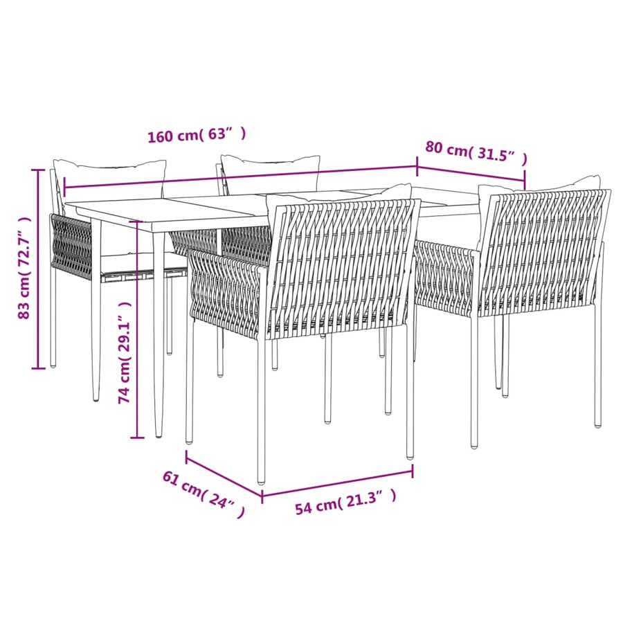 -Delige Tuinset Met Kussens Poly Rattan En Staal 5 160 cm tafellengte Zwart