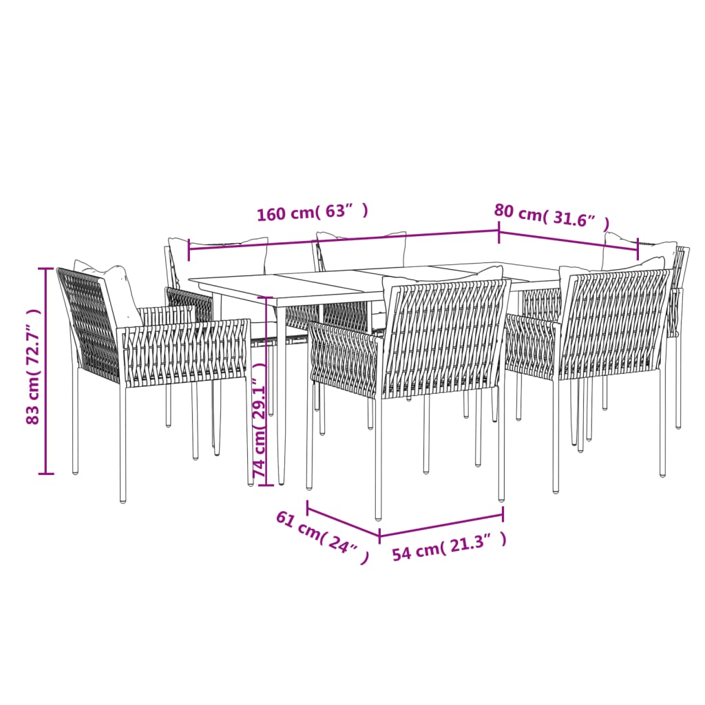 -Delige Tuinset Met Kussens Poly Rattan En Staal 7 160 cm tafellengte Zwart