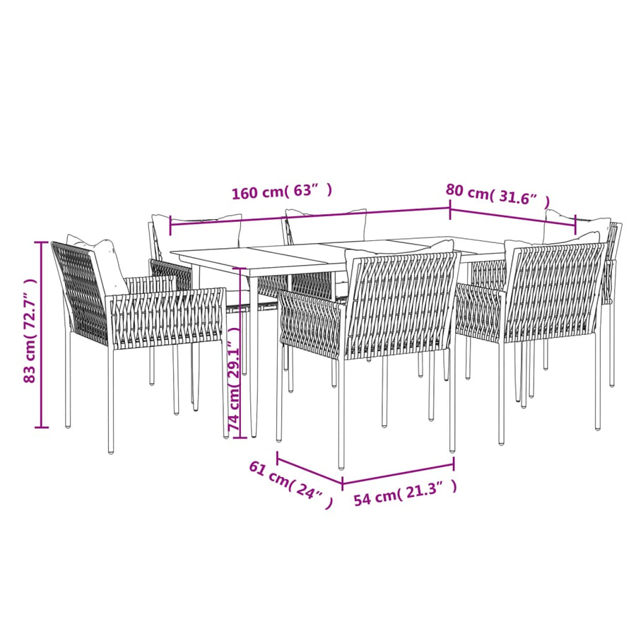 -Delige Tuinset Met Kussens Poly Rattan En Staal 7 160 cm tafellengte Zwart