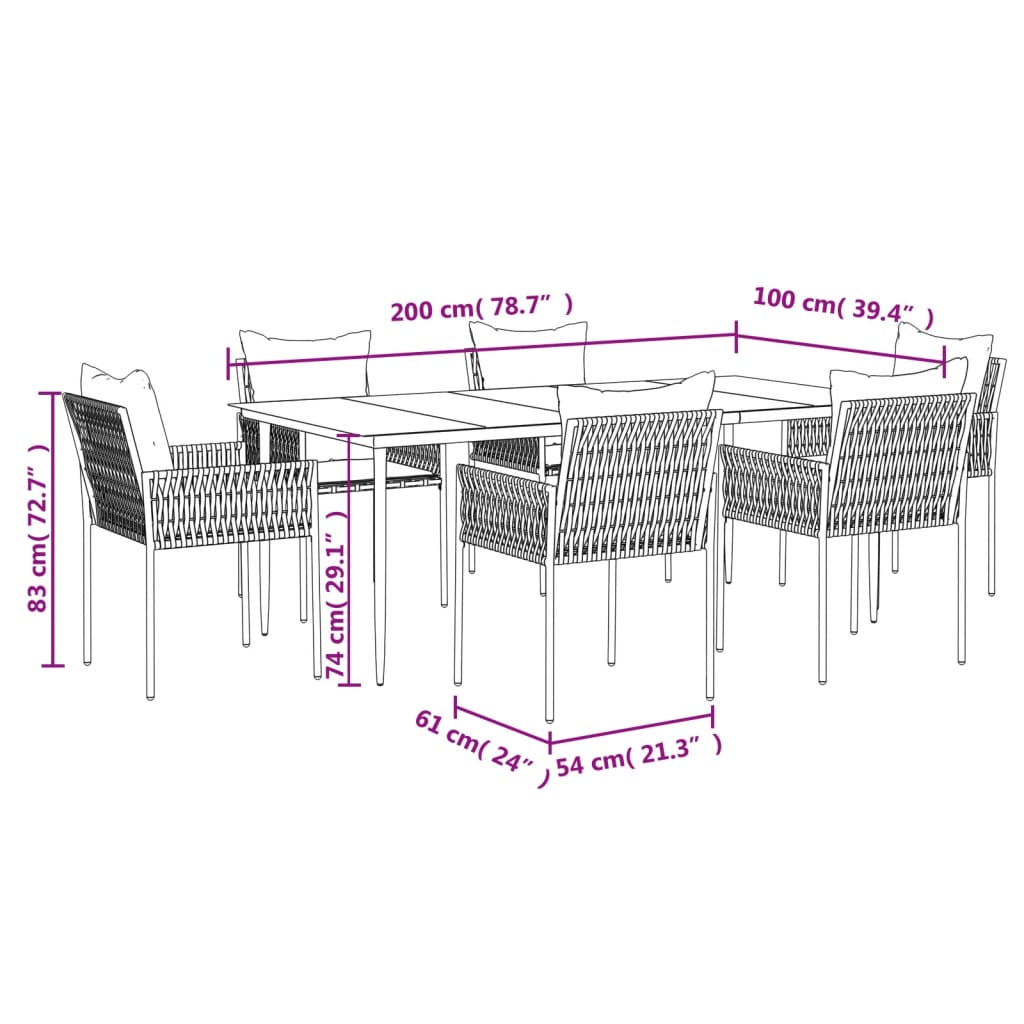 -Delige Tuinset Met Kussens Poly Rattan En Staal 7 200 cm tafellengte Bruin