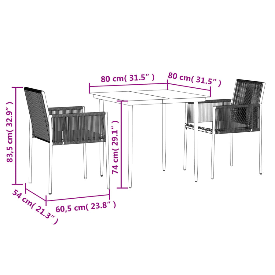 -Delige Tuinset Met Kussens Poly Rattan En Staal Zwart 3 80 cm tafellengte