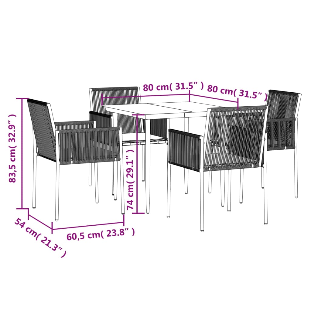 -Delige Tuinset Met Kussens Poly Rattan En Staal Zwart 5 80 cm tafellengte