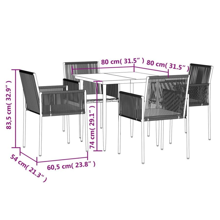 -Delige Tuinset Met Kussens Poly Rattan En Staal Zwart 5 80 cm tafellengte