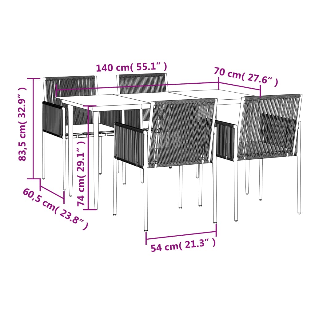 -Delige Tuinset Met Kussens Poly Rattan En Staal Zwart 5 140 cm tafellengte