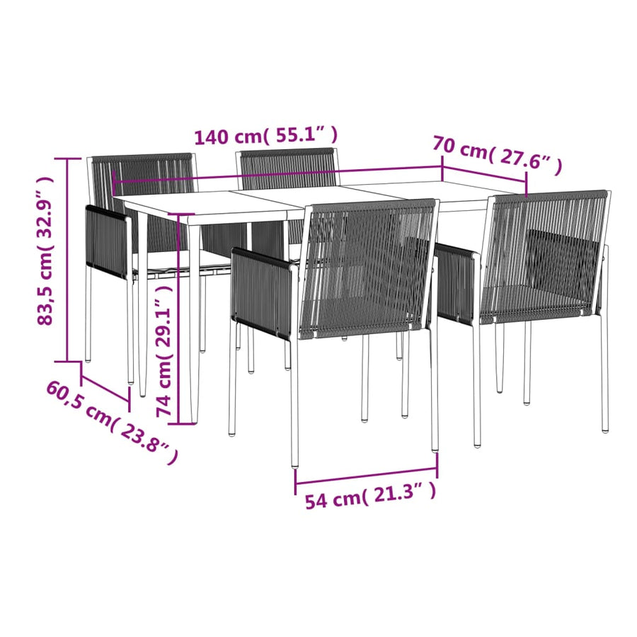 -Delige Tuinset Met Kussens Poly Rattan En Staal Zwart 5 140 cm tafellengte