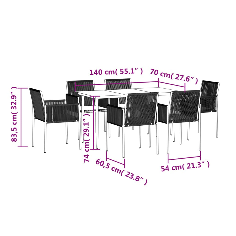 -Delige Tuinset Met Kussens Poly Rattan En Staal Zwart 7 140 cm tafellengte