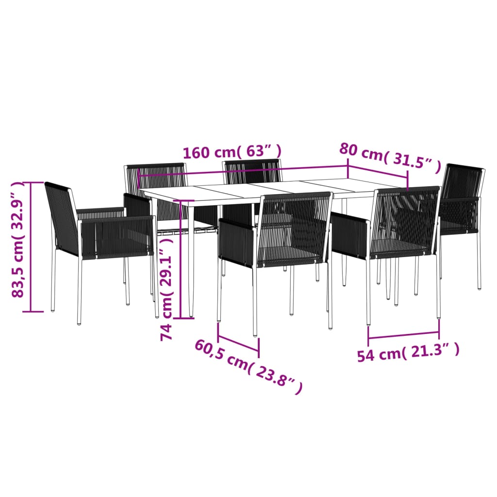 -Delige Tuinset Met Kussens Poly Rattan En Staal Zwart 7 160 cm tafellengte