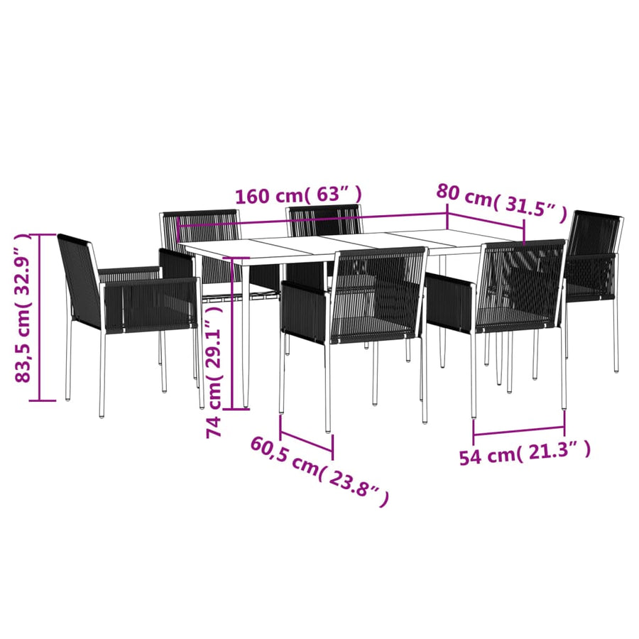 -Delige Tuinset Met Kussens Poly Rattan En Staal Zwart 7 160 cm tafellengte