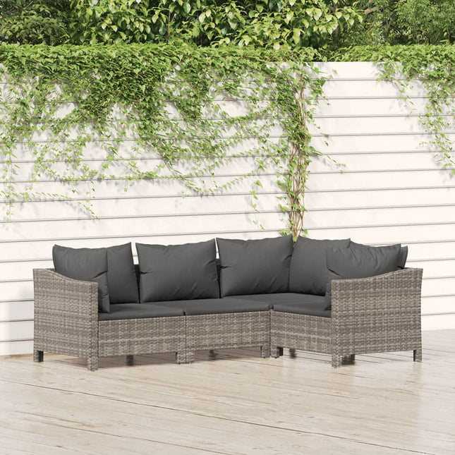 4-Delige Loungeset Met Kussens Poly Rattan Grijs 2x Fauteuil + hoek + midden