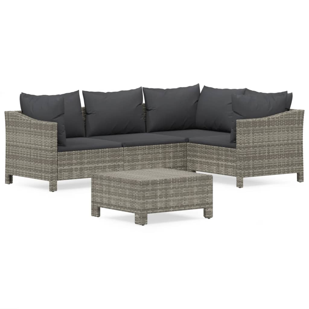 5-Delige Loungeset Met Kussens Poly Rattan Grijs 2x armchair + corner + middle + footrest