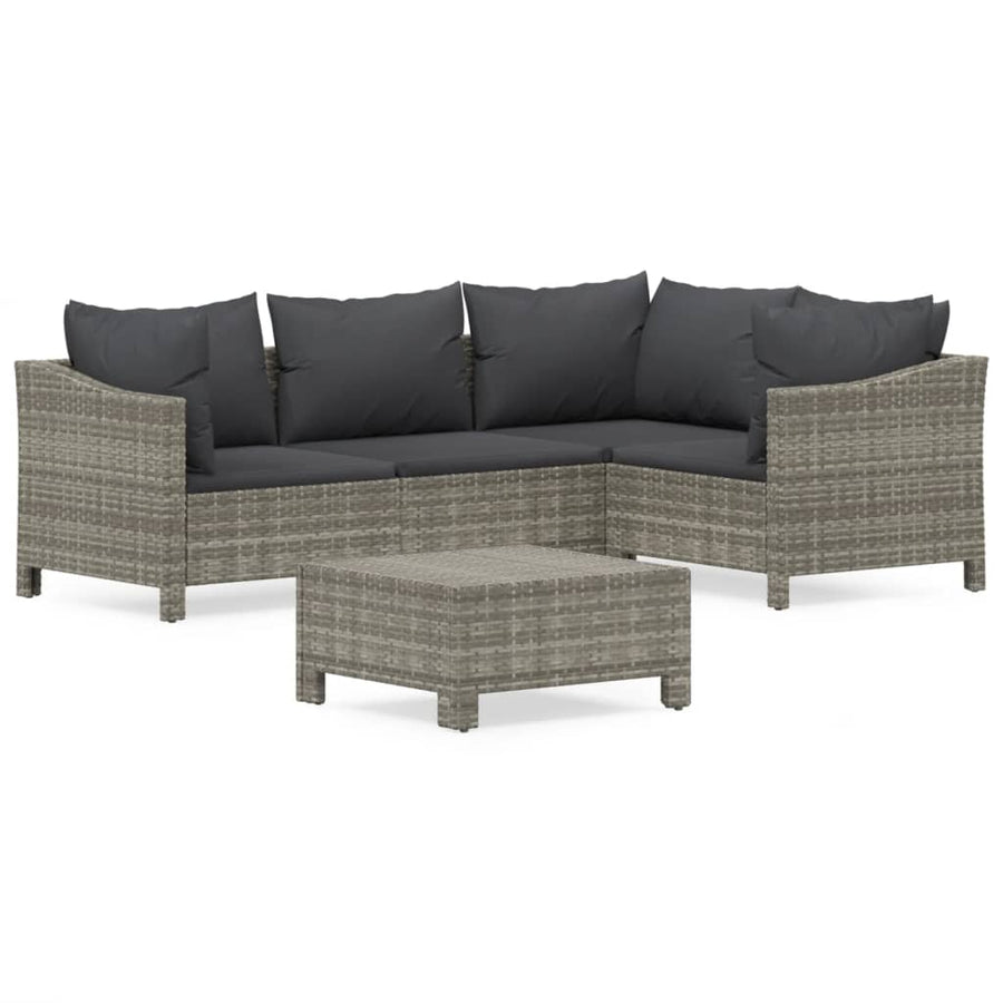 5-Delige Loungeset Met Kussens Poly Rattan Grijs 2x armchair + corner + middle + footrest