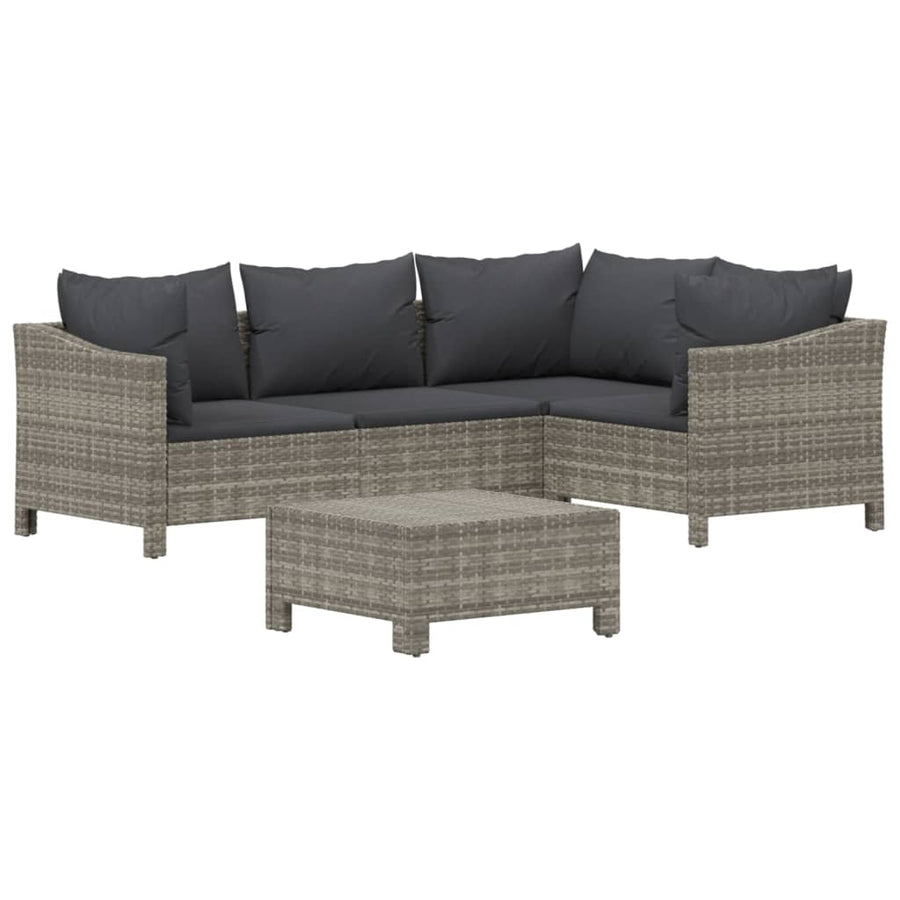 5-Delige Loungeset Met Kussens Poly Rattan Grijs 2x armchair + corner + middle + footrest