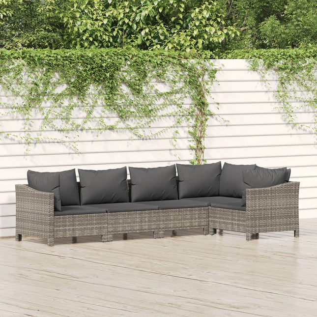 5-Delige Loungeset Met Kussens Poly Rattan Grijs 2x armchair + corner + 2x middle