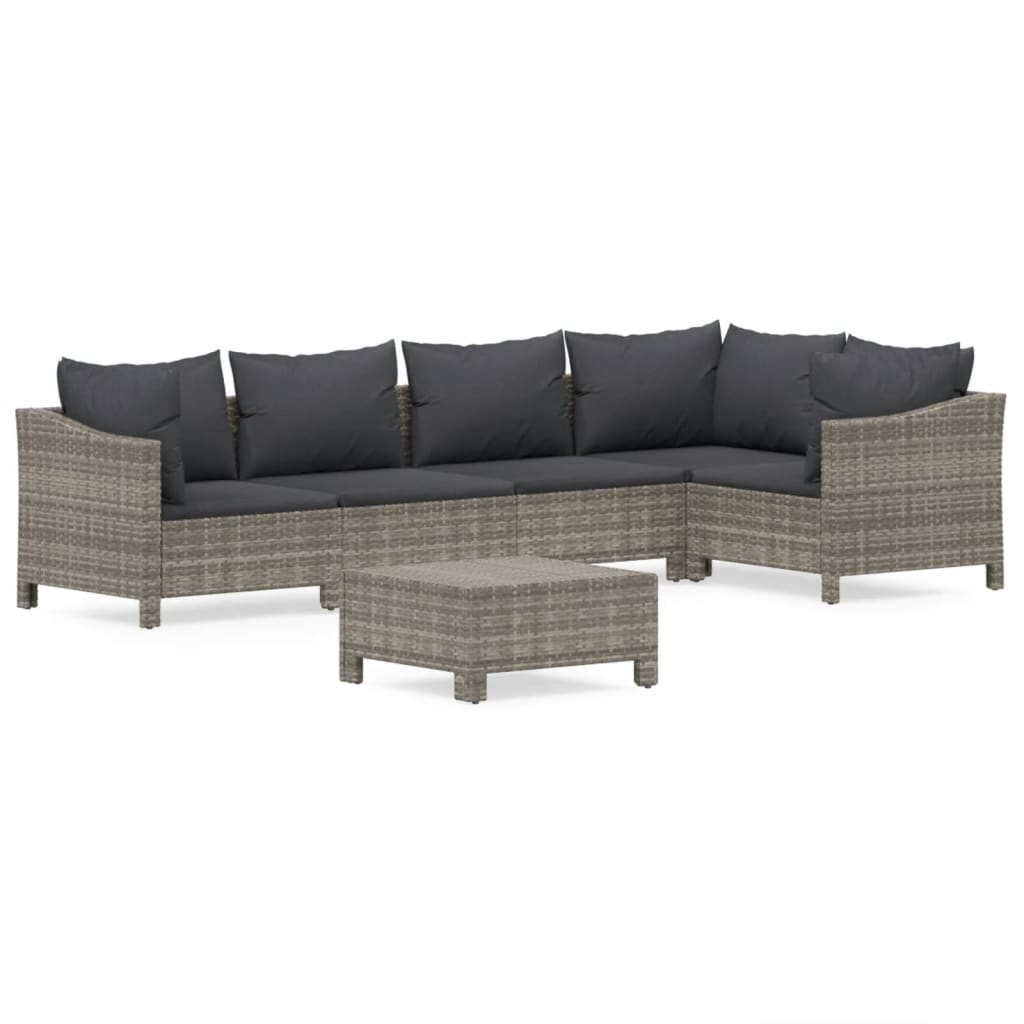 6-Delige Loungeset Met Kussens Poly Rattan Grijs 2x Fauteuil + hoek +2x midden + voetensteun
