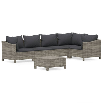 6-Delige Loungeset Met Kussens Poly Rattan Grijs 2x Fauteuil + hoek +2x midden + voetensteun