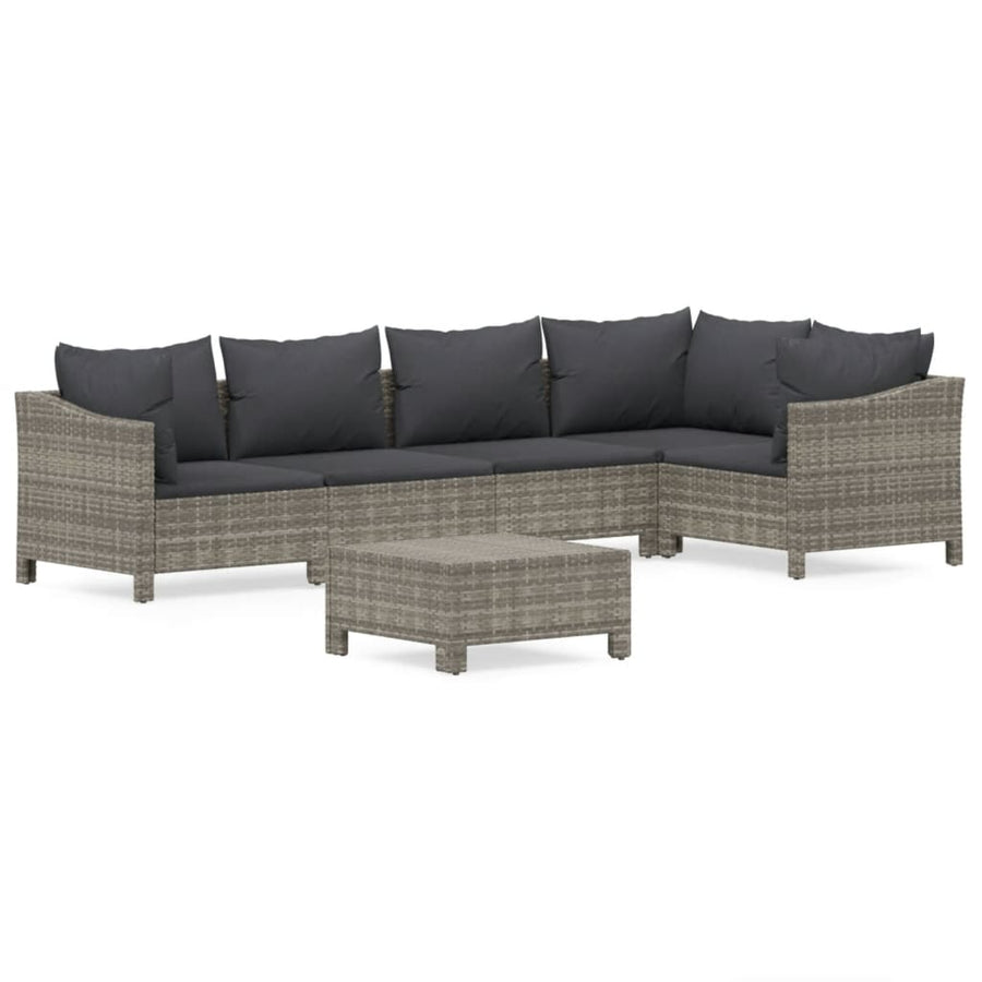 6-Delige Loungeset Met Kussens Poly Rattan Grijs 2x Fauteuil + hoek +2x midden + voetensteun