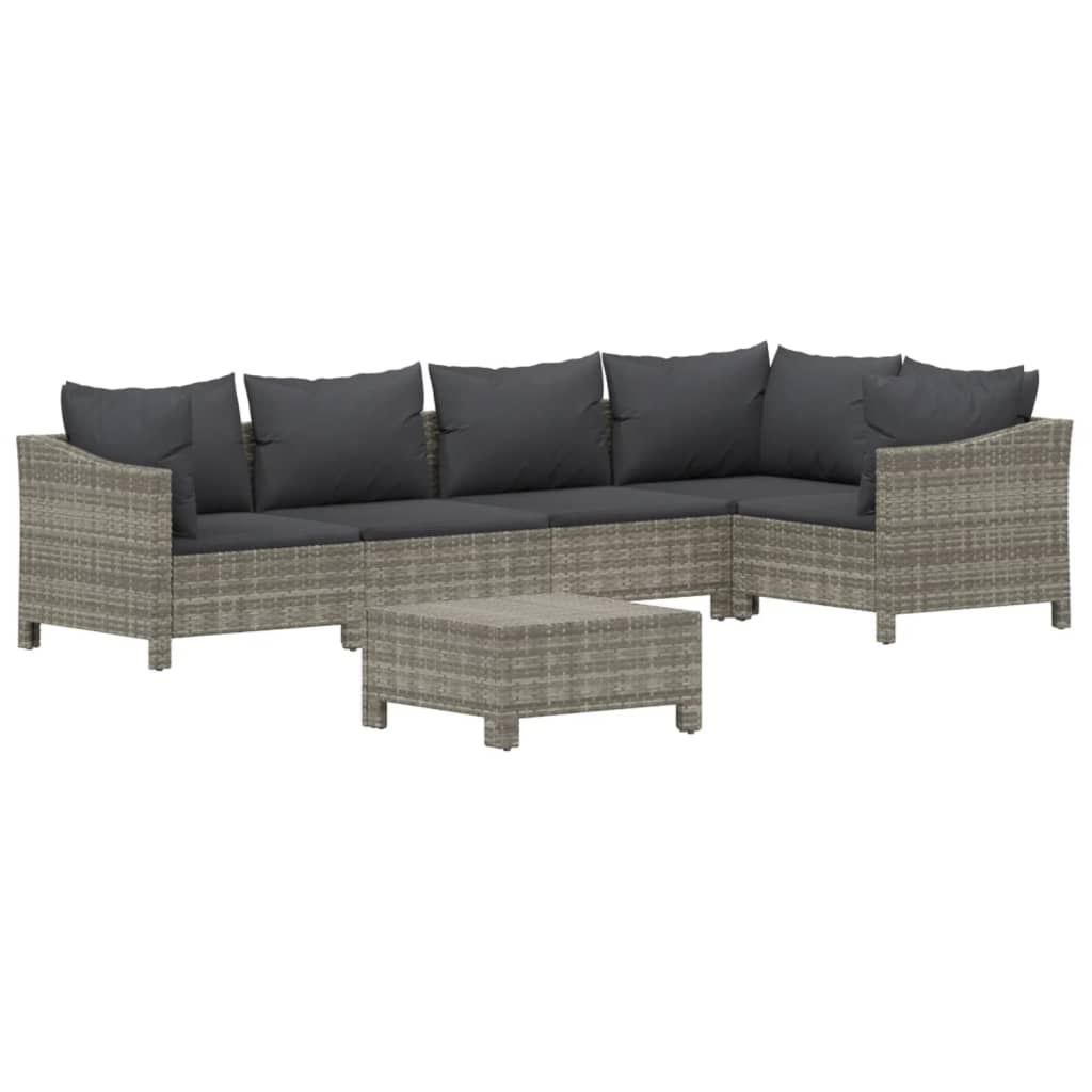 6-Delige Loungeset Met Kussens Poly Rattan Grijs 2x Fauteuil + hoek +2x midden + voetensteun
