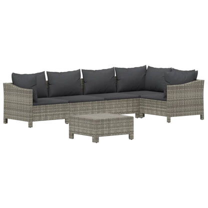 6-Delige Loungeset Met Kussens Poly Rattan Grijs 2x Fauteuil + hoek +2x midden + voetensteun