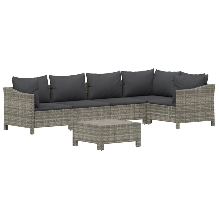 6-Delige Loungeset Met Kussens Poly Rattan Grijs 2x Fauteuil + hoek +2x midden + voetensteun