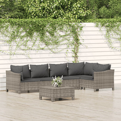 6-Delige Loungeset Met Kussens Poly Rattan Grijs 2x Fauteuil + hoek +2x midden + voetensteun
