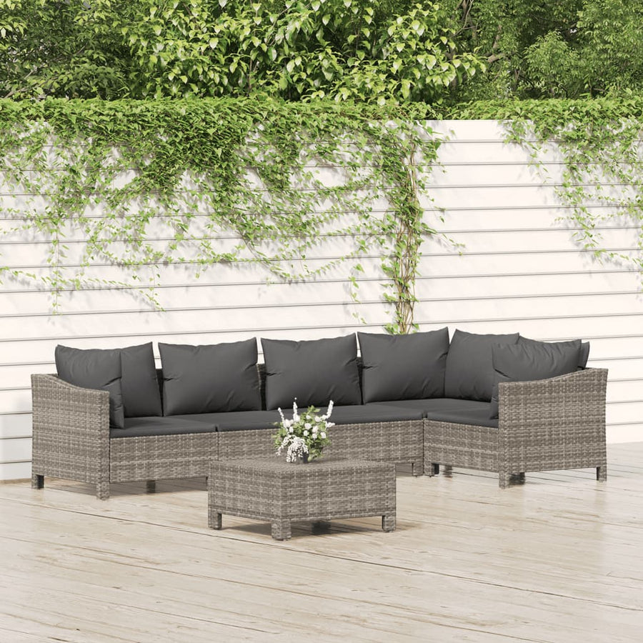 6-Delige Loungeset Met Kussens Poly Rattan Grijs 2x Fauteuil + hoek +2x midden + voetensteun