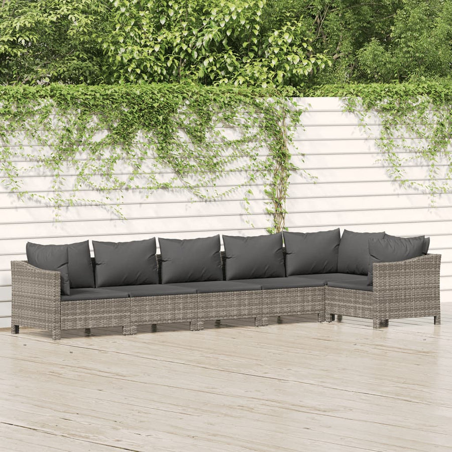 6-Delige Loungeset Met Kussens Poly Rattan Grijs 2x armchair + corner + 3x middle
