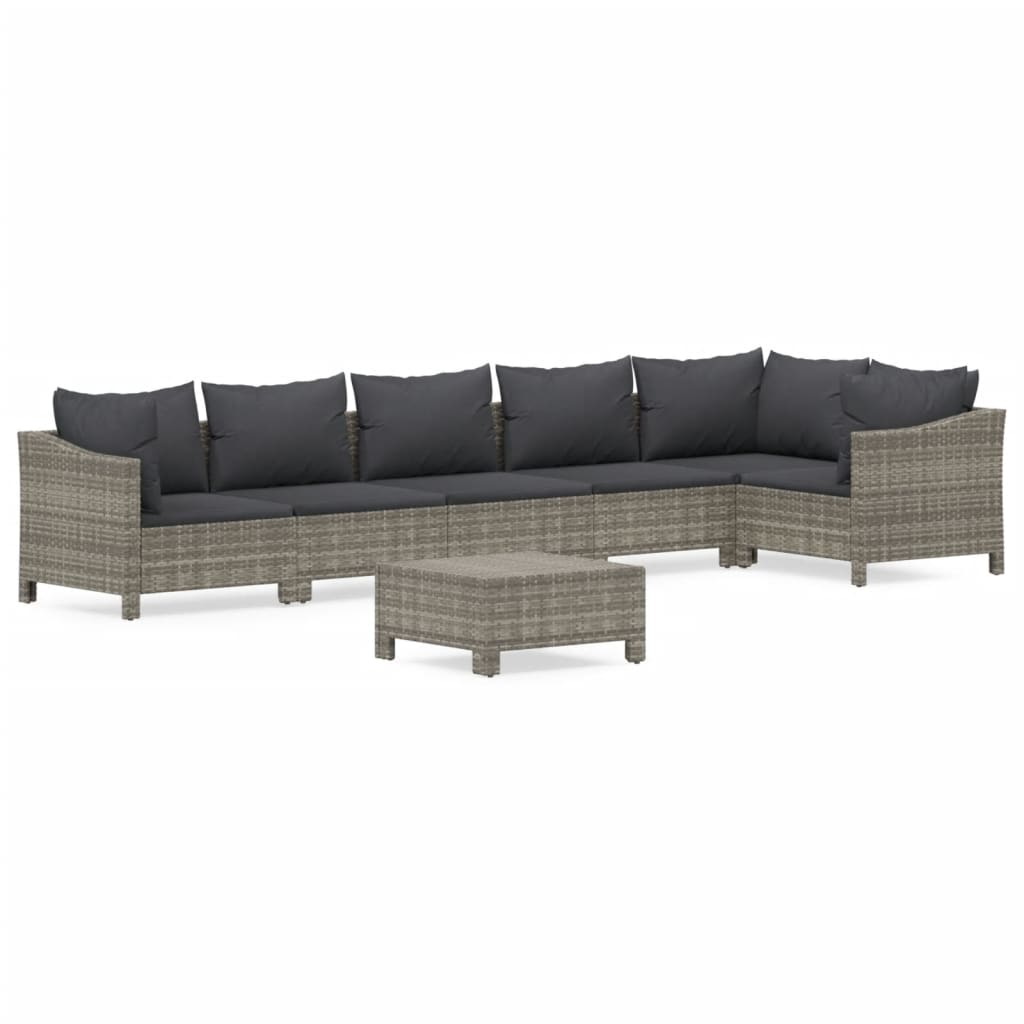 7-Delige Loungeset Met Kussens Poly Rattan Grijs 2x Fauteuil + hoek +3x midden + voetensteun