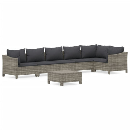 7-Delige Loungeset Met Kussens Poly Rattan Grijs 2x Fauteuil + hoek +3x midden + voetensteun