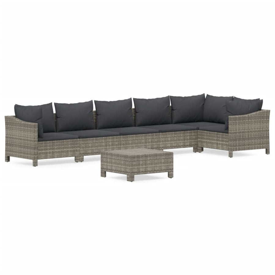 7-Delige Loungeset Met Kussens Poly Rattan Grijs 2x Fauteuil + hoek +3x midden + voetensteun