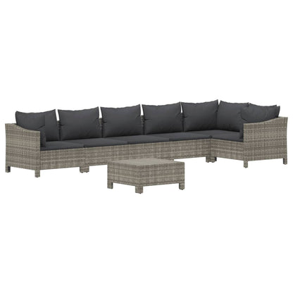 7-Delige Loungeset Met Kussens Poly Rattan Grijs 2x Fauteuil + hoek +3x midden + voetensteun