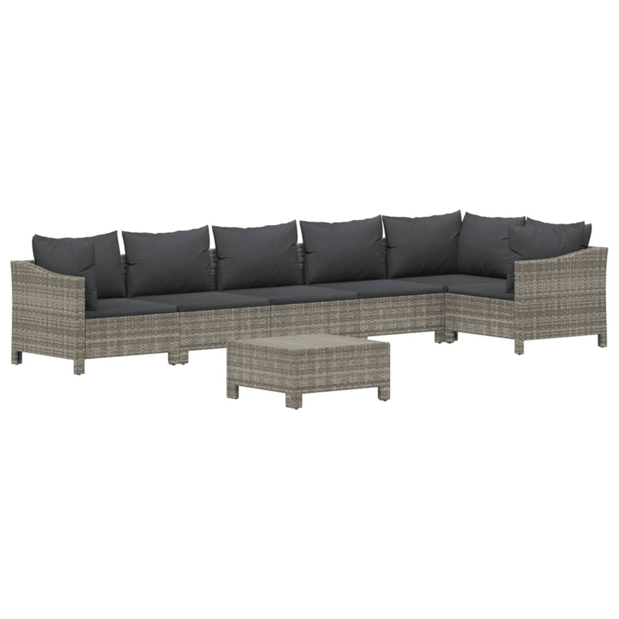 7-Delige Loungeset Met Kussens Poly Rattan Grijs 2x Fauteuil + hoek +3x midden + voetensteun
